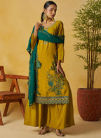 Vegaa Fashion Mustard Organza Embroidered And Handwork Palazzo Suit | Grocsy