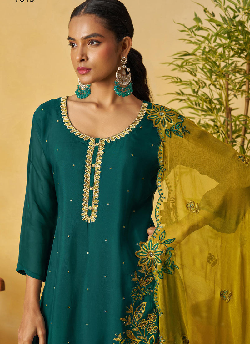 Vegaa Fashion Aqua Green Organza Embroidered And Handwork Palazzo Suit | Grocsy