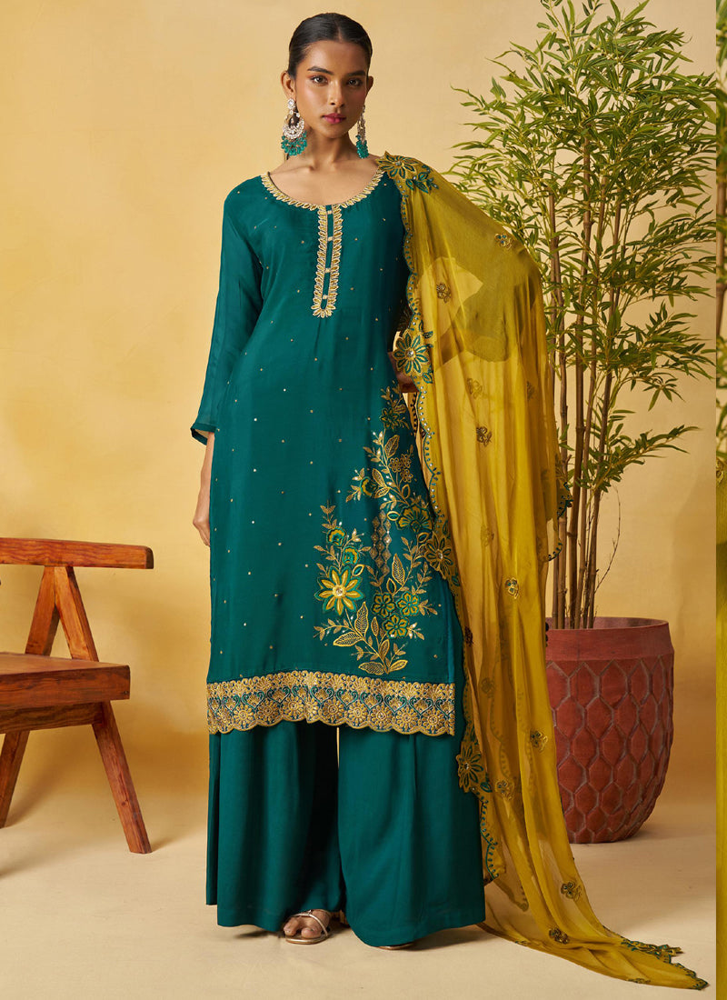 Vegaa Fashion Aqua Green Organza Embroidered And Handwork Palazzo Suit | Grocsy