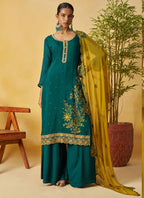 Vegaa Fashion Aqua Green Organza Embroidered And Handwork Palazzo Suit | Grocsy