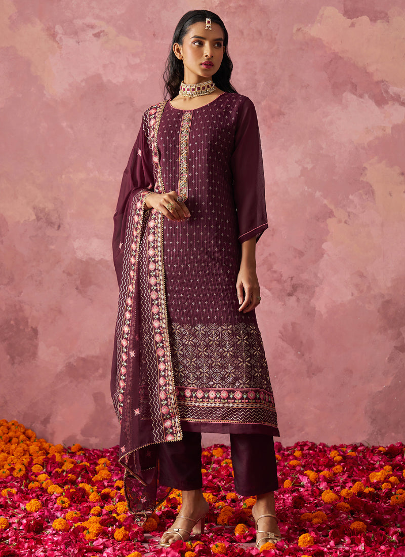 Vegaa Fashion Wine Georgette Embroidered Designer Salwar Suit | Grocsy
