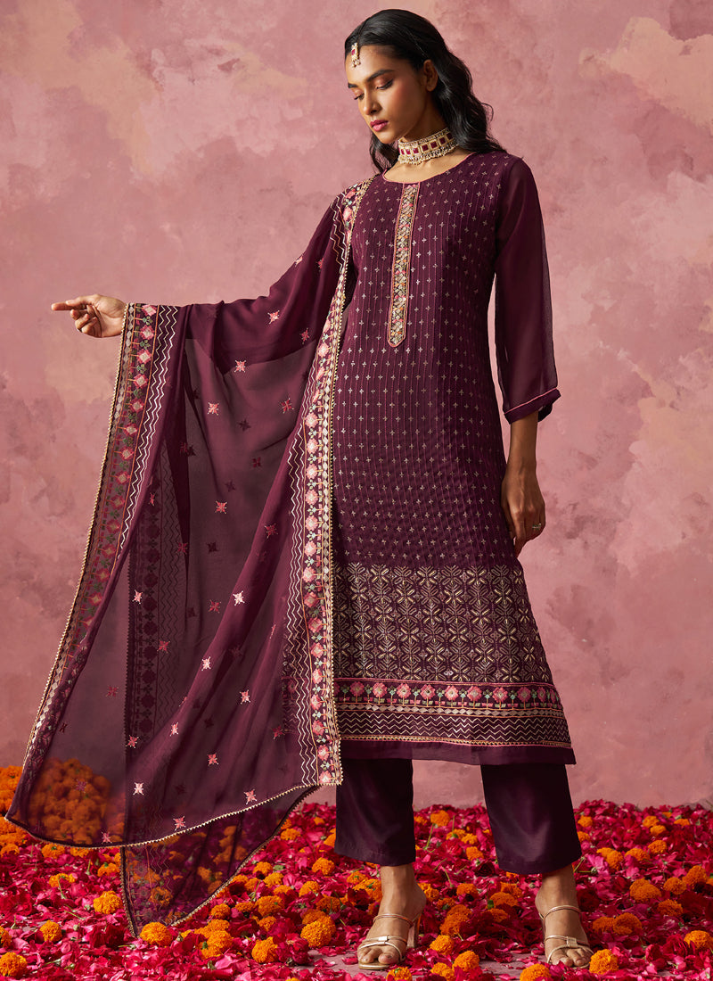 Vegaa Fashion Wine Georgette Embroidered Designer Salwar Suit | Grocsy