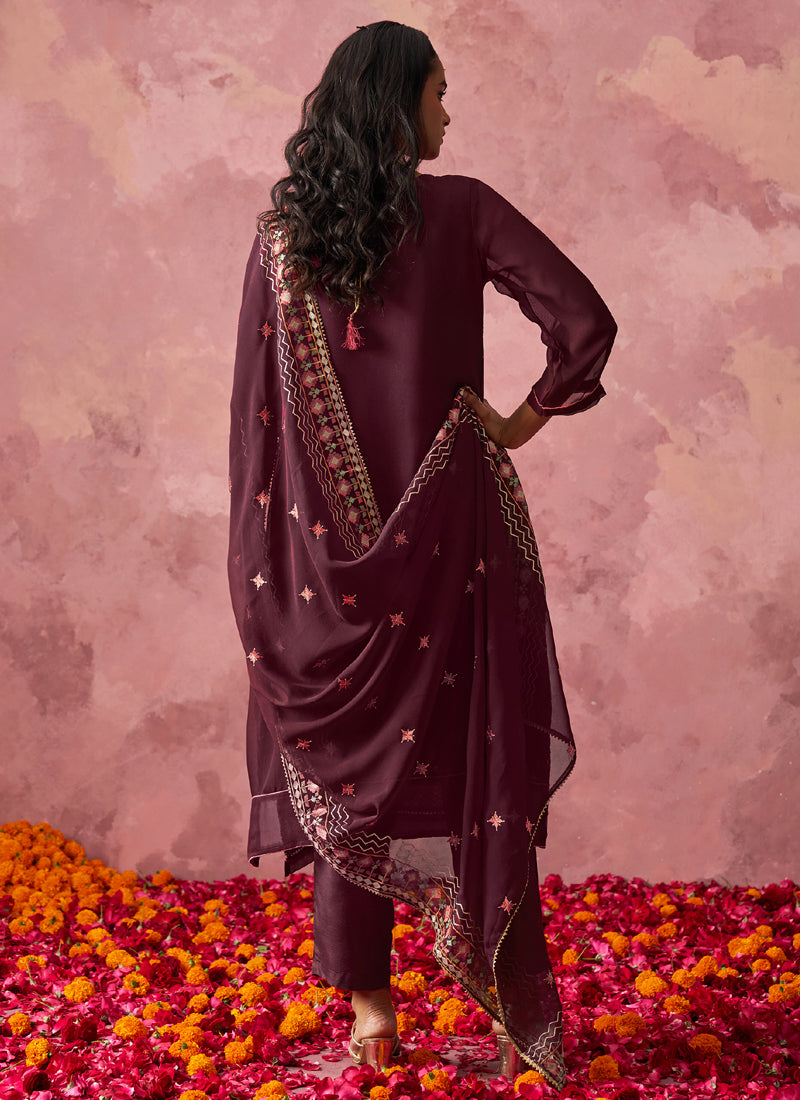 Vegaa Fashion Wine Georgette Embroidered Designer Salwar Suit | Grocsy