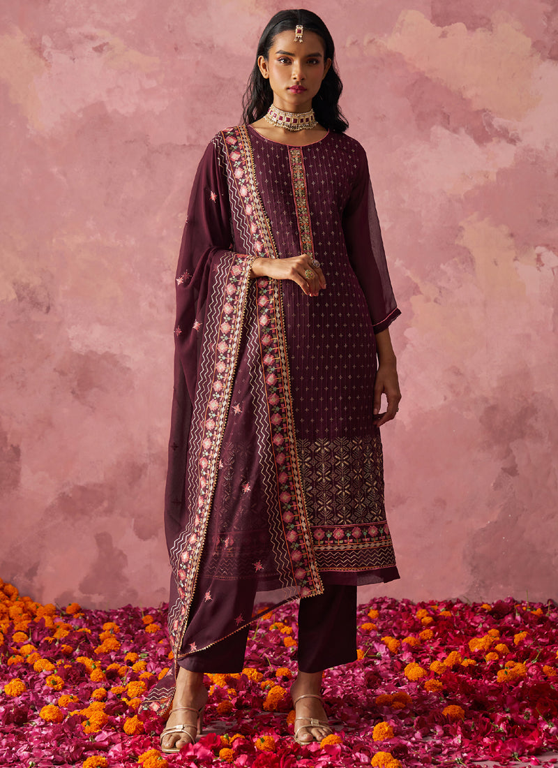 Vegaa Fashion Wine Georgette Embroidered Designer Salwar Suit | Grocsy