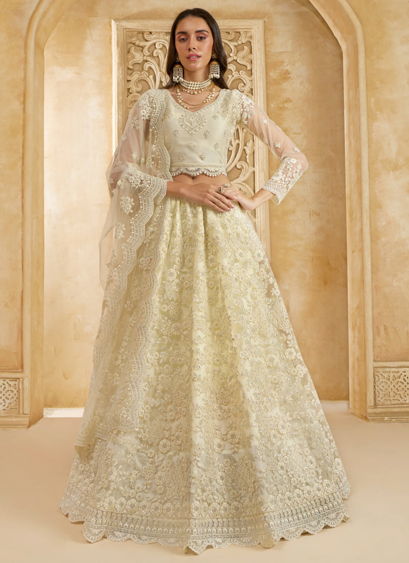 Vegaa Fashion Off White Net Thread Work Wedding Lehenga | Grocsy