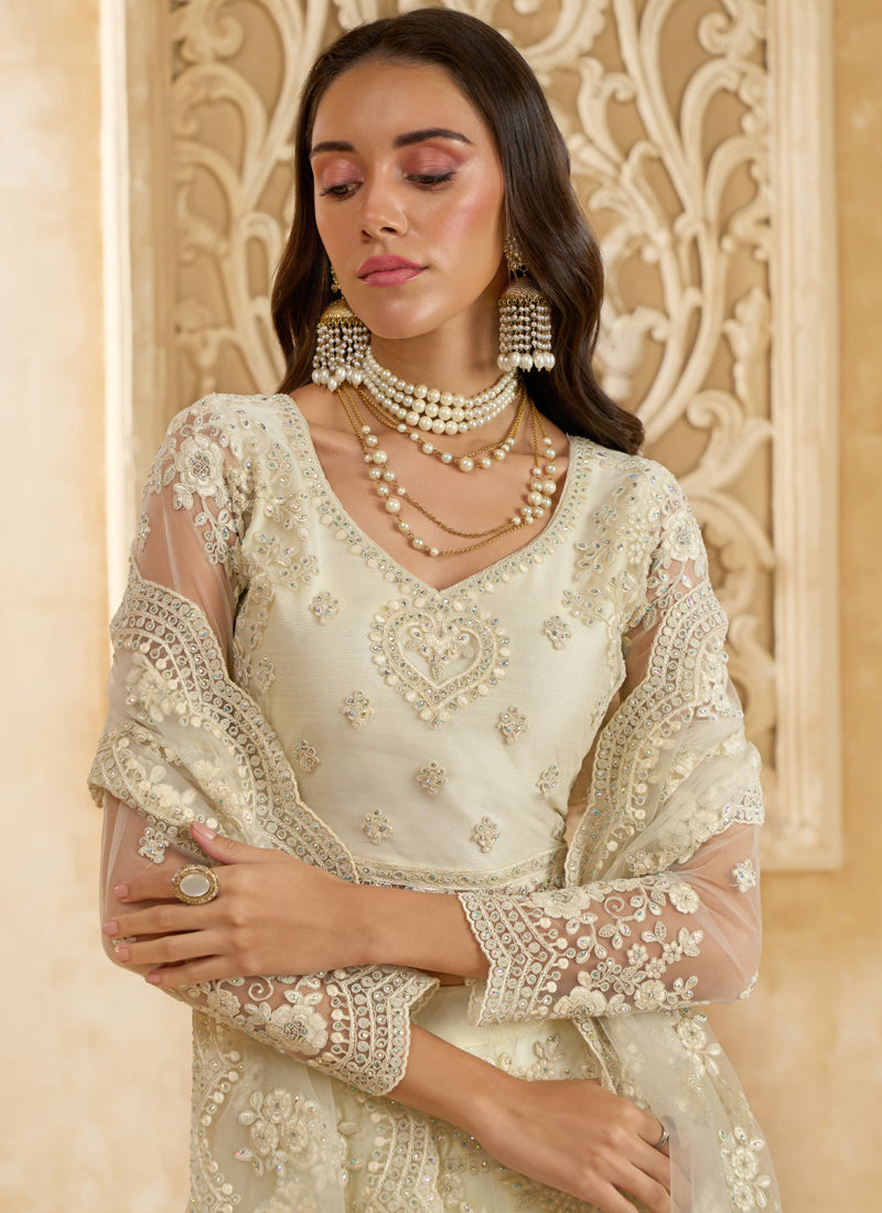 Vegaa Fashion Off White Net Thread Work Wedding Lehenga | Grocsy