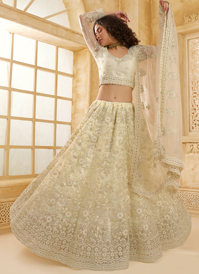 Vegaa Fashion Off White Net Thread Work Wedding Lehenga | Grocsy