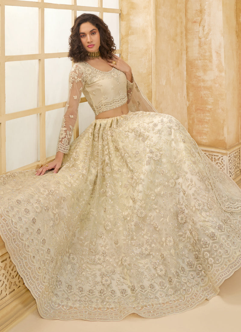 Vegaa Fashion Off White Net Thread Work Wedding Lehenga | Grocsy