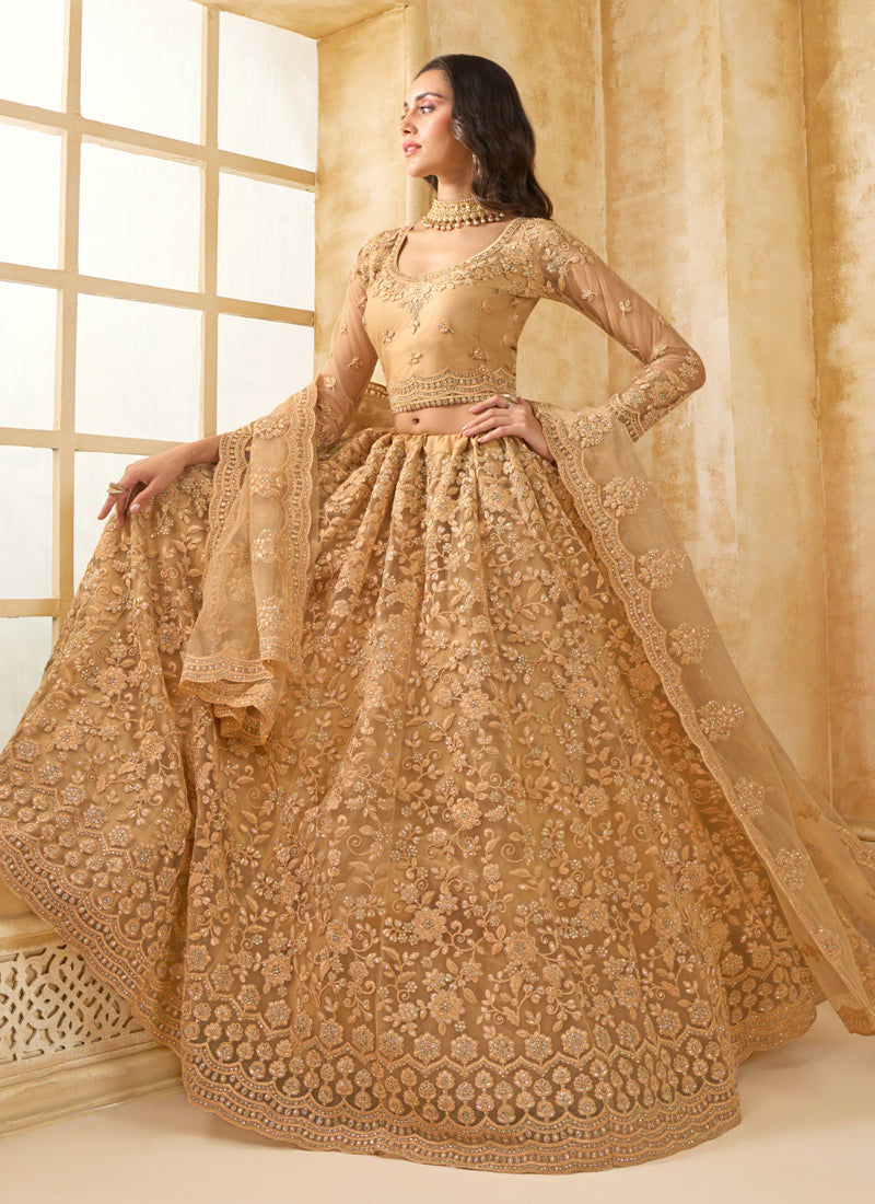 Vegaa Fashion Beige Net Thread Work Wedding Lehenga | Grocsy