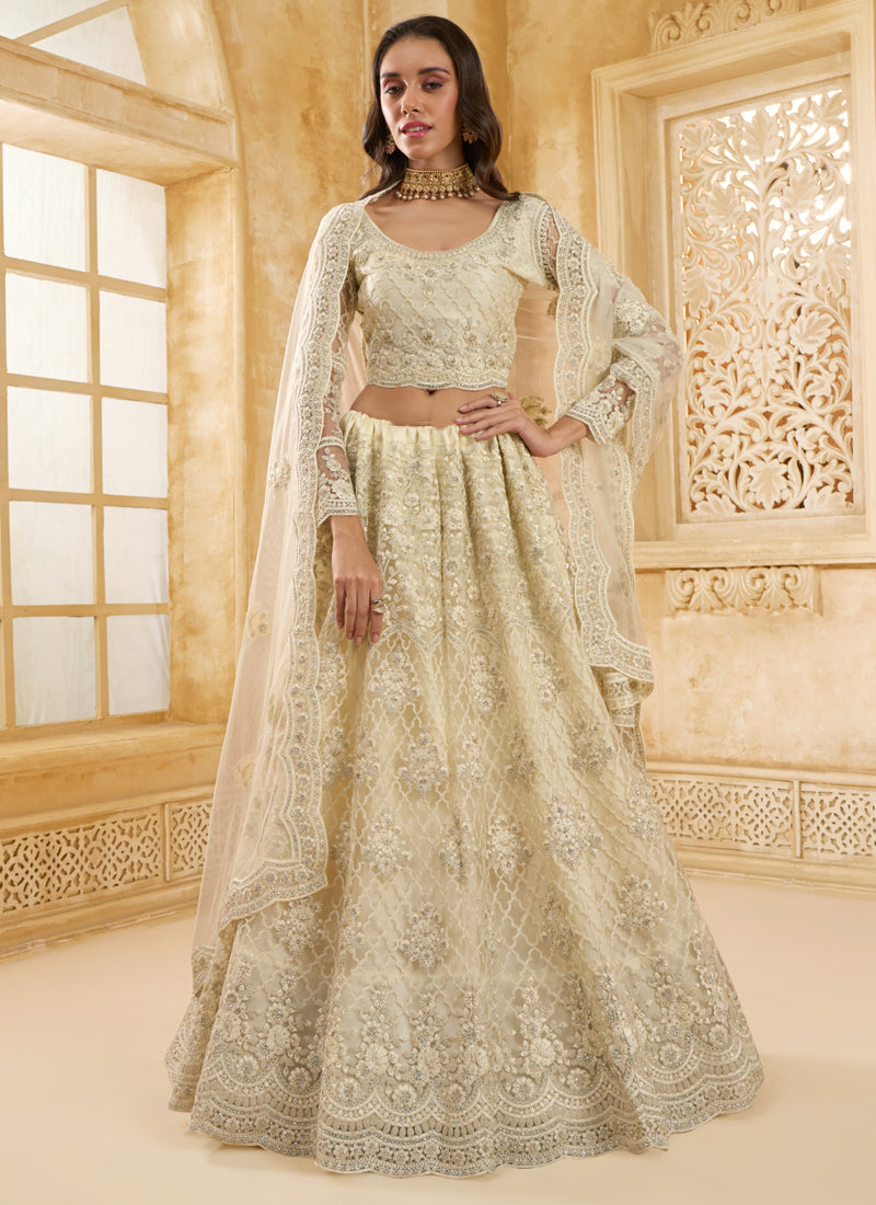 Vegaa Fashion Off White Net Thread Work Wedding Lehenga | Grocsy