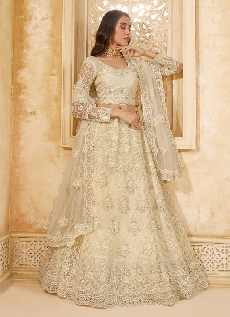 Vegaa Fashion Off White Net Thread Work Wedding Lehenga | Grocsy