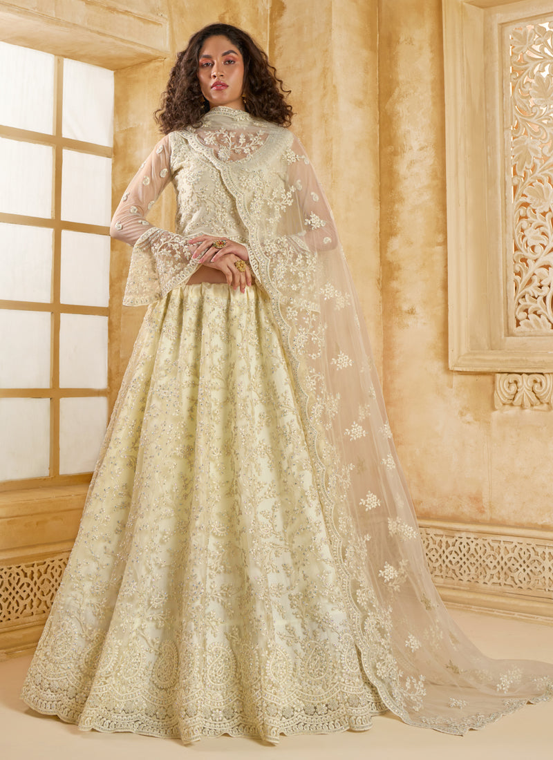 Vegaa Fashion Off White Net Thread Work Wedding Lehenga | Grocsy