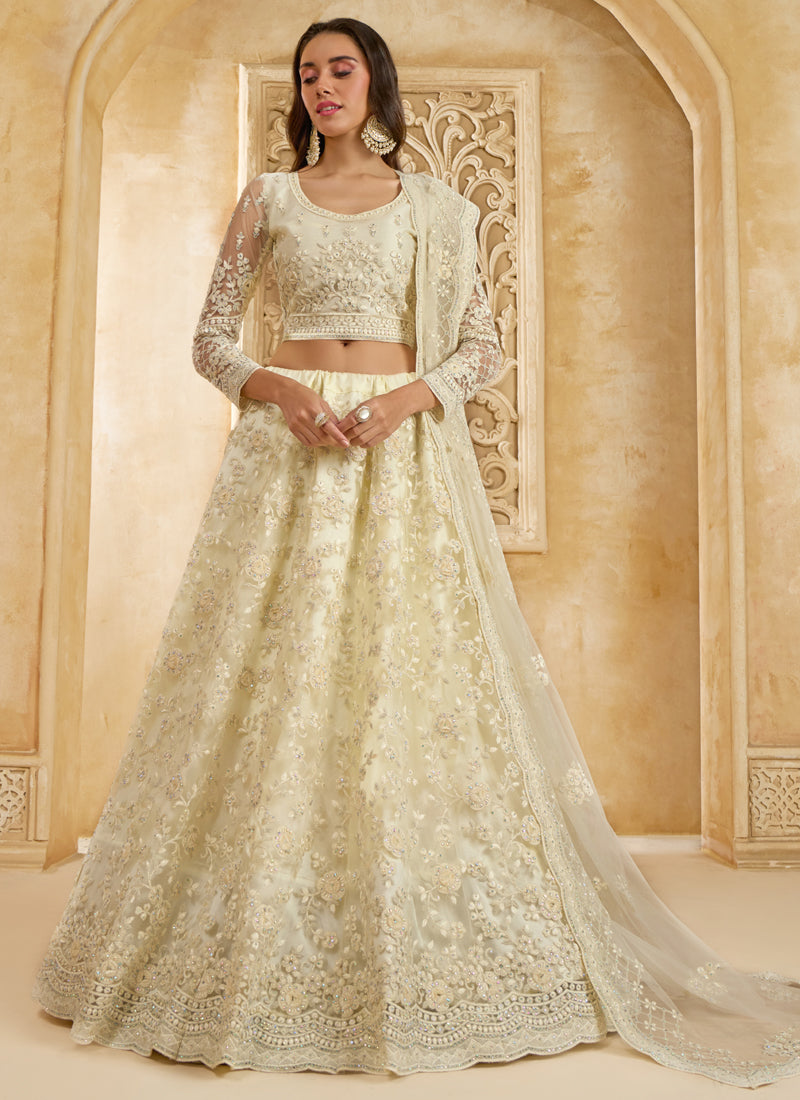 Vegaa Fashion Off White Net Thread Work Wedding Lehenga | Grocsy