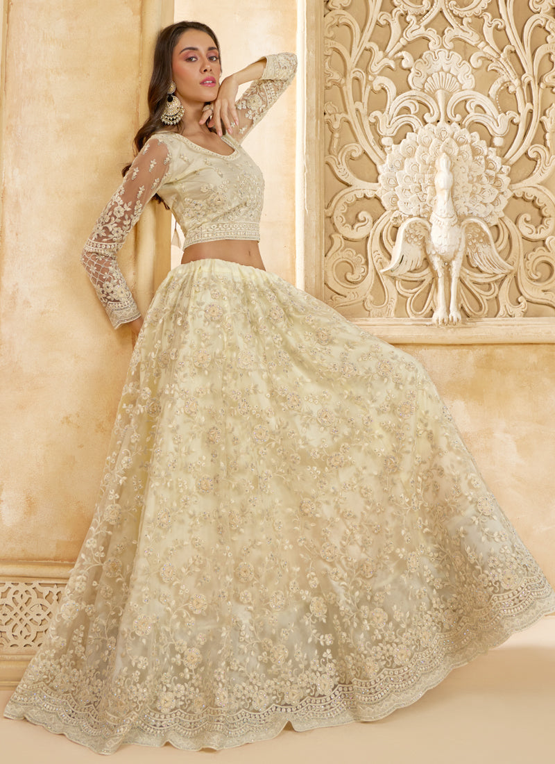 Vegaa Fashion Off White Net Thread Work Wedding Lehenga | Grocsy