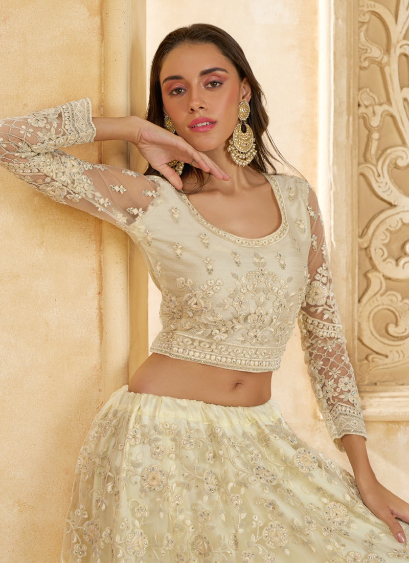 Vegaa Fashion Off White Net Thread Work Wedding Lehenga | Grocsy