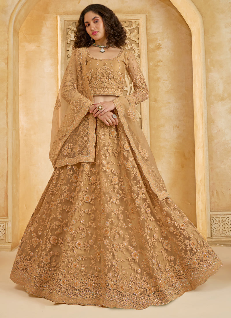 Vegaa Fashion Beige Net Thread Work Wedding Lehenga | Grocsy