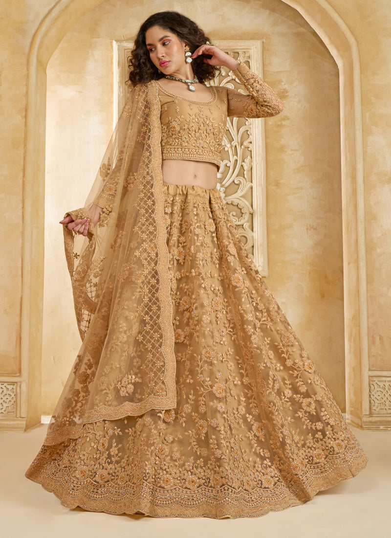 Vegaa Fashion Beige Net Thread Work Wedding Lehenga | Grocsy