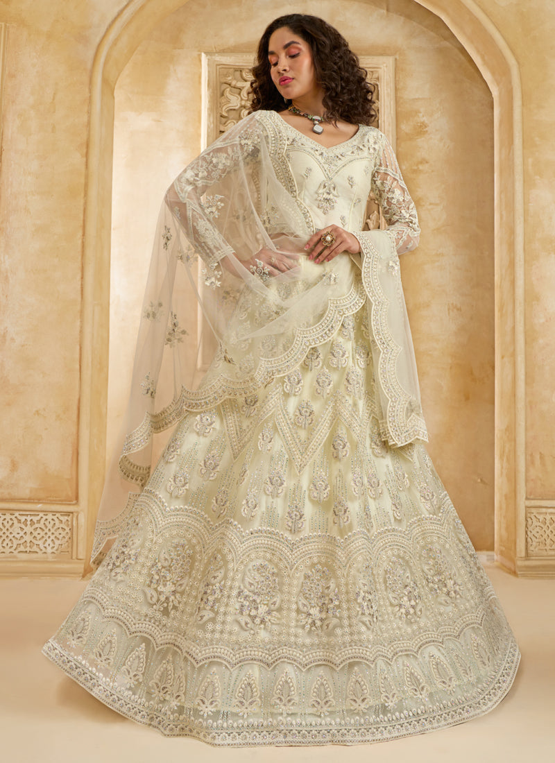 Vegaa Fashion Off White Net Thread Work Wedding Lehenga | Grocsy