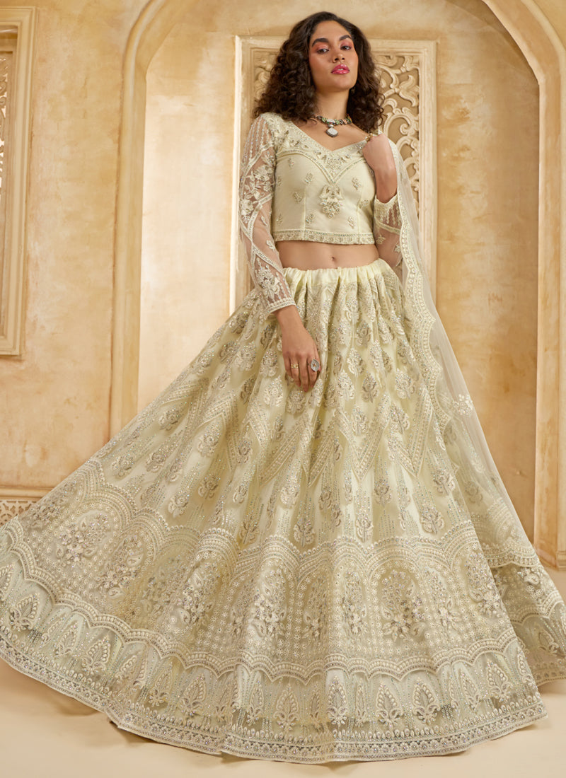 Vegaa Fashion Off White Net Thread Work Wedding Lehenga | Grocsy