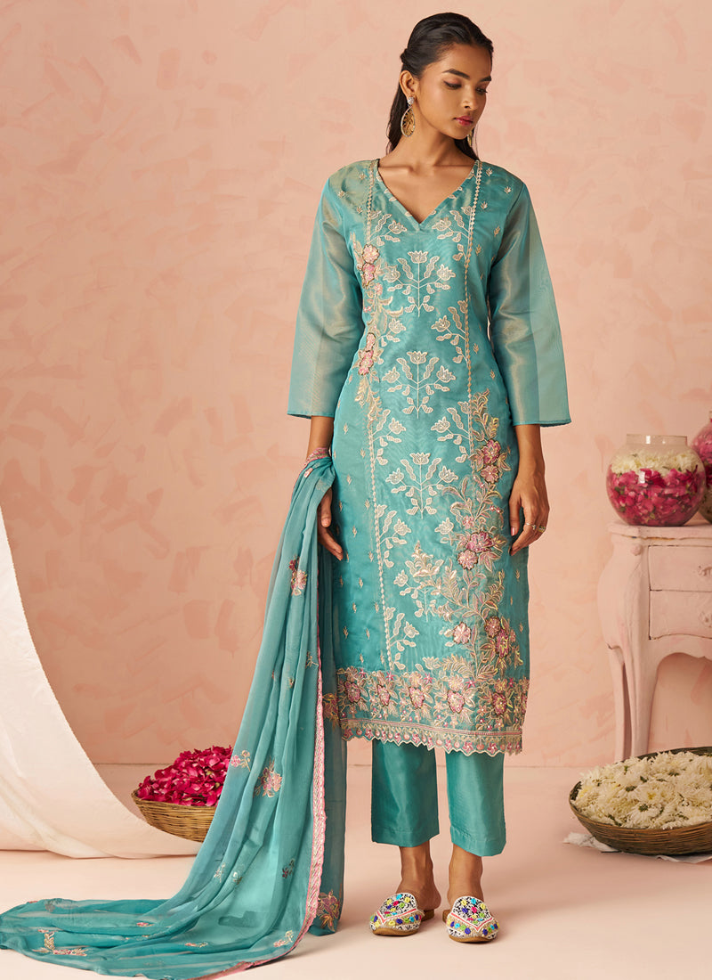 Vegaa Fashion Sky Blue Silk Zari Fancy Embroidered Designer Suit For Wedding | Grocsy