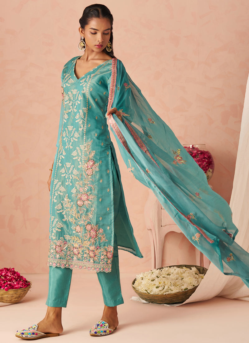 Vegaa Fashion Sky Blue Silk Zari Fancy Embroidered Designer Suit For Wedding | Grocsy