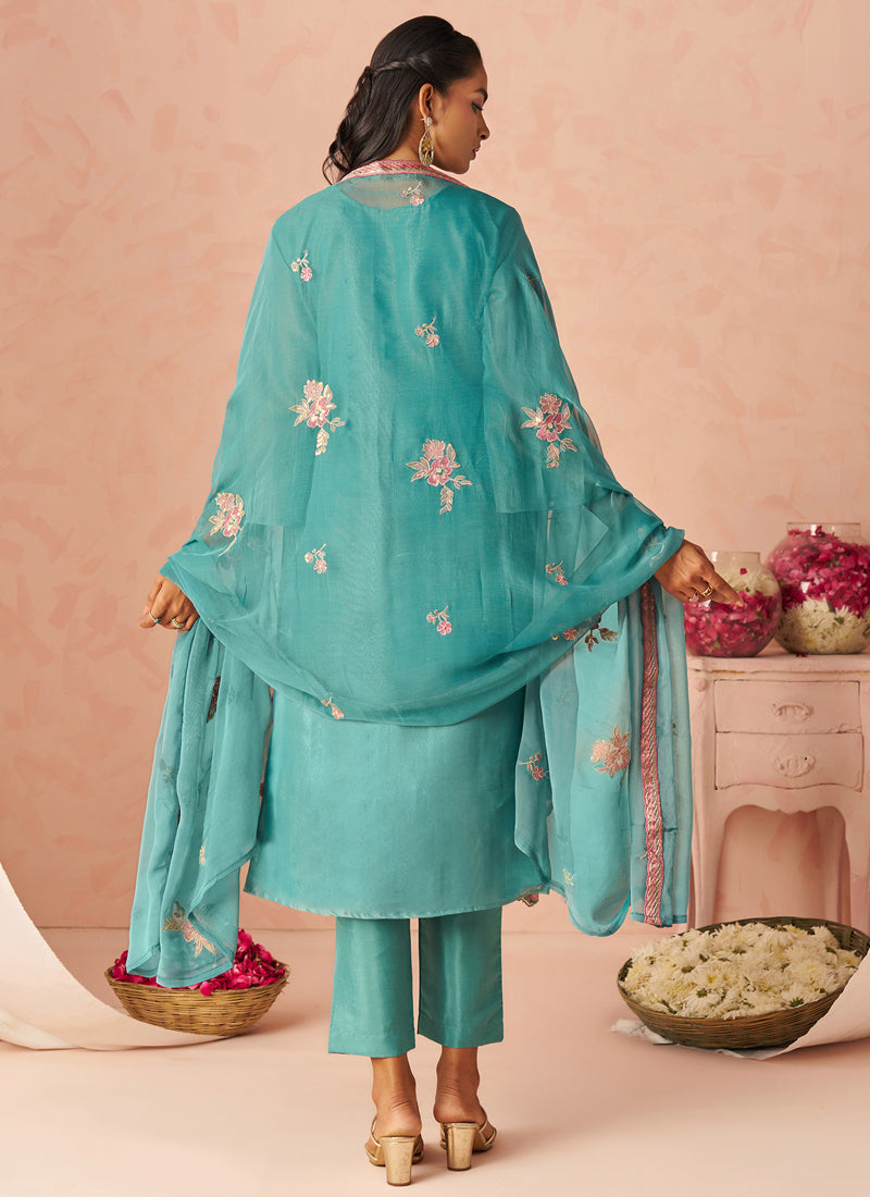 Vegaa Fashion Sky Blue Silk Zari Fancy Embroidered Designer Suit For Wedding | Grocsy