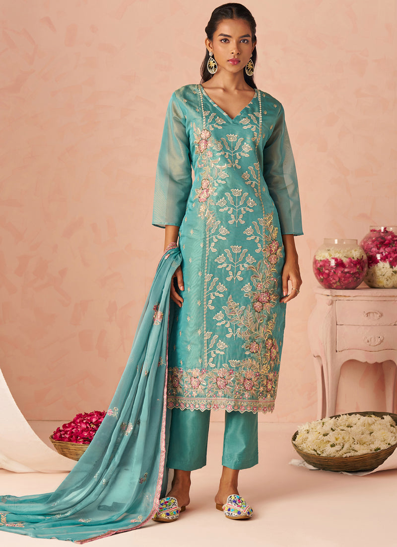 Vegaa Fashion Sky Blue Silk Zari Fancy Embroidered Designer Suit For Wedding | Grocsy