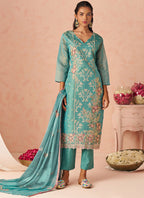 Vegaa Fashion Sky Blue Silk Zari Fancy Embroidered Designer Suit For Wedding | Grocsy