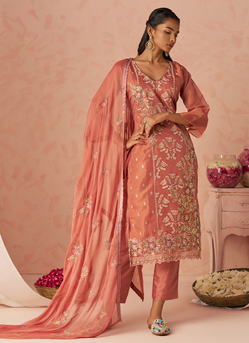 Vegaa Fashion Rust Silk Zari Fancy Embroidered Designer Suit For Wedding | Grocsy