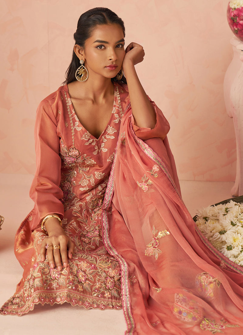Vegaa Fashion Rust Silk Zari Fancy Embroidered Designer Suit For Wedding | Grocsy