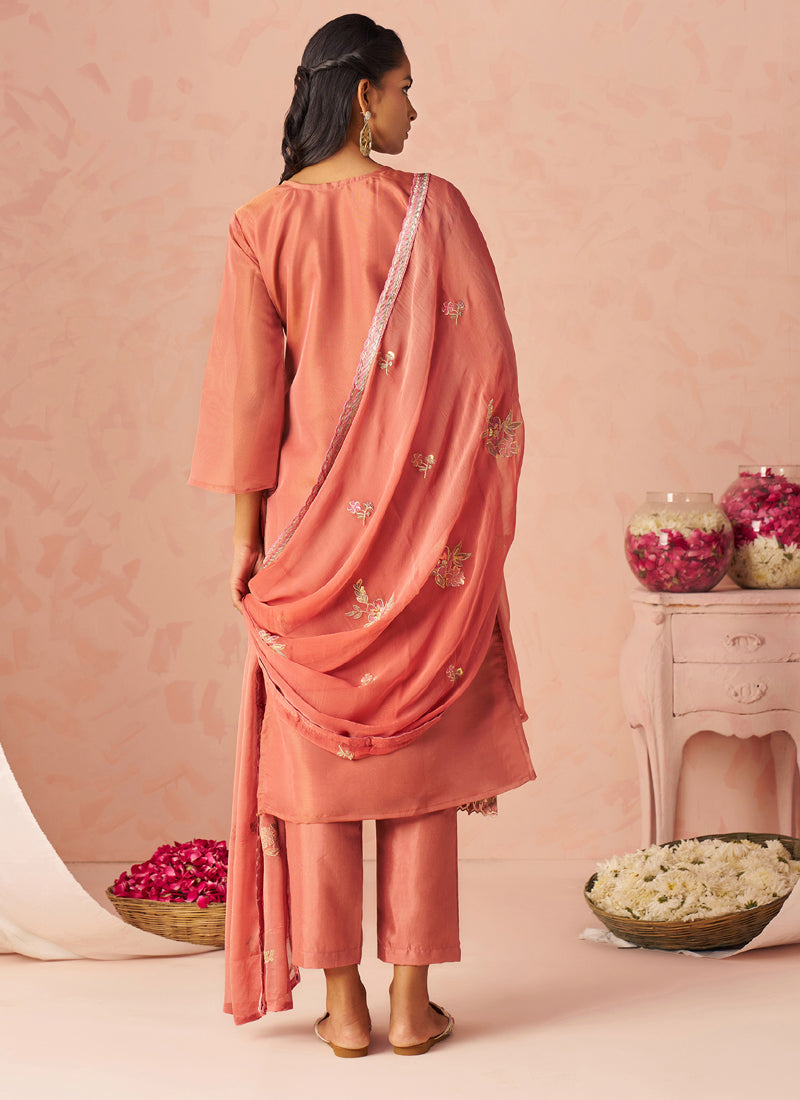 Vegaa Fashion Rust Silk Zari Fancy Embroidered Designer Suit For Wedding | Grocsy