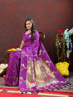 Lorenvalley Fashion Wine Soft Paithani Silk Woven Design Gold Zari Meenakari Weaving Saree | Grocsy