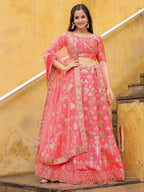 Tulsi Art Alluring Peach Embroidered Silk Reception Lehenga Choli With Dupatta | Grocsy