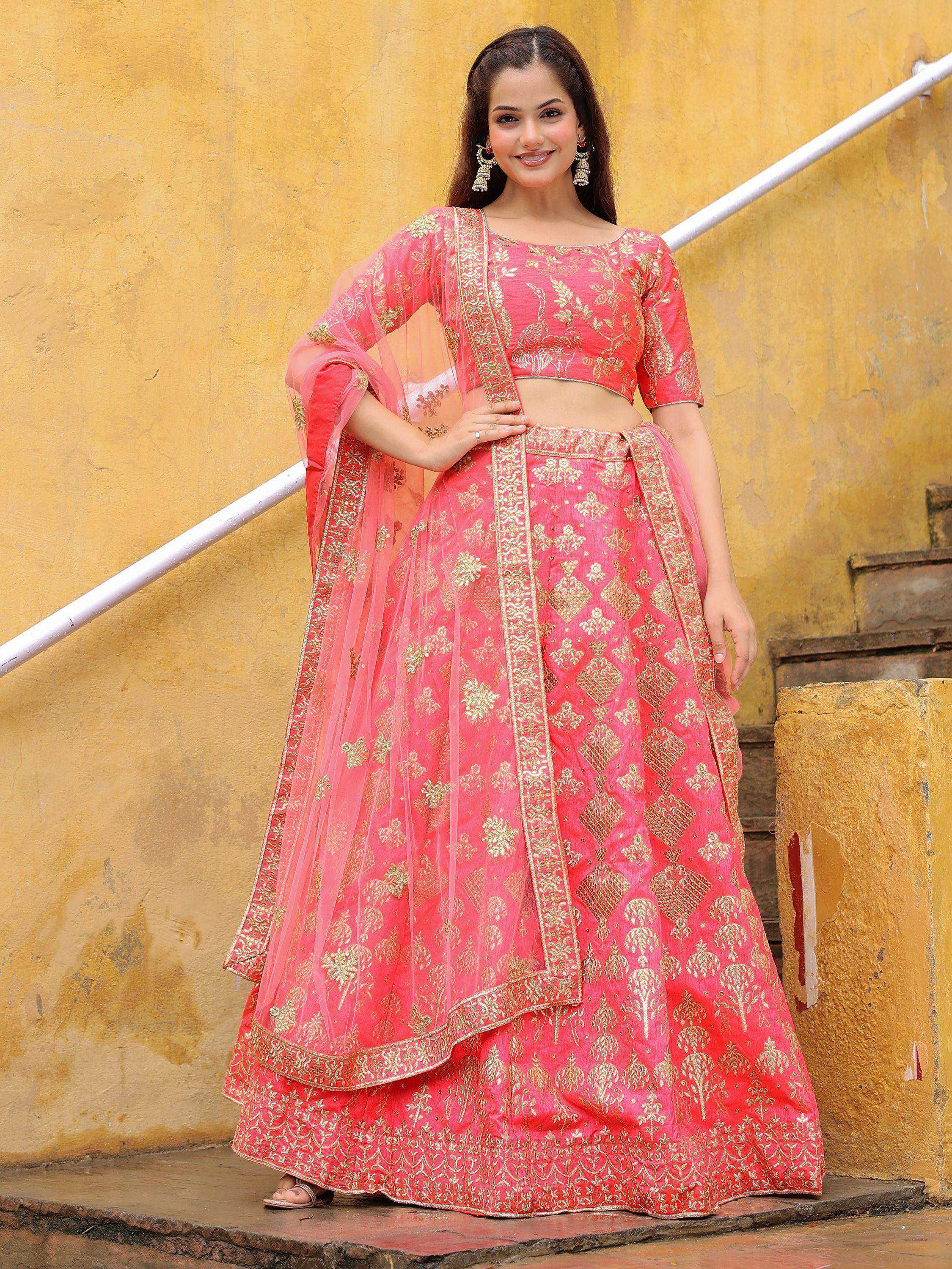 Tulsi Art Alluring Peach Embroidered Silk Reception Lehenga Choli With Dupatta | Grocsy