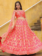 Tulsi Art Alluring Peach Embroidered Silk Reception Lehenga Choli With Dupatta | Grocsy