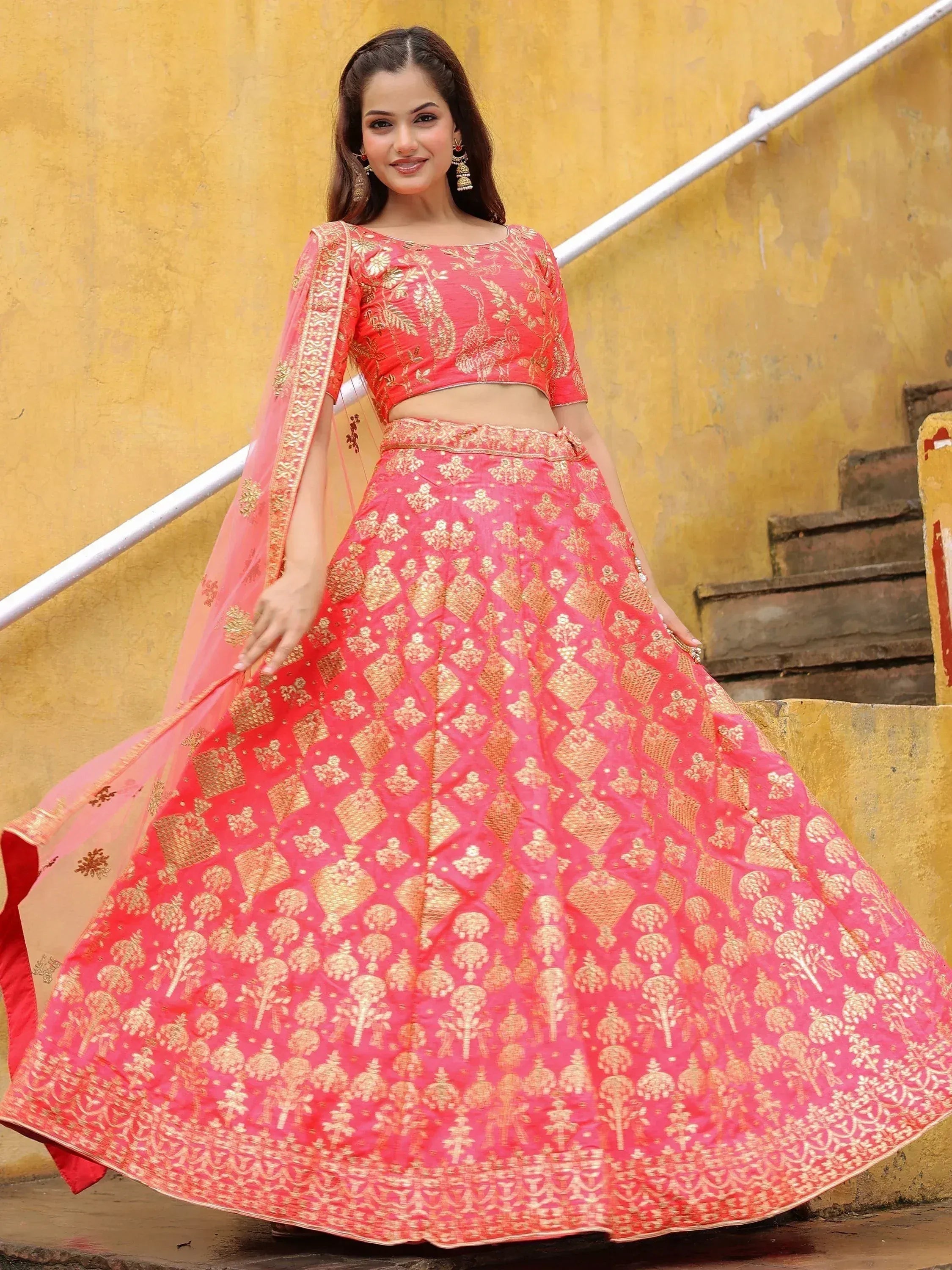 Tulsi Art Alluring Peach Embroidered Silk Reception Lehenga Choli With Dupatta | Grocsy
