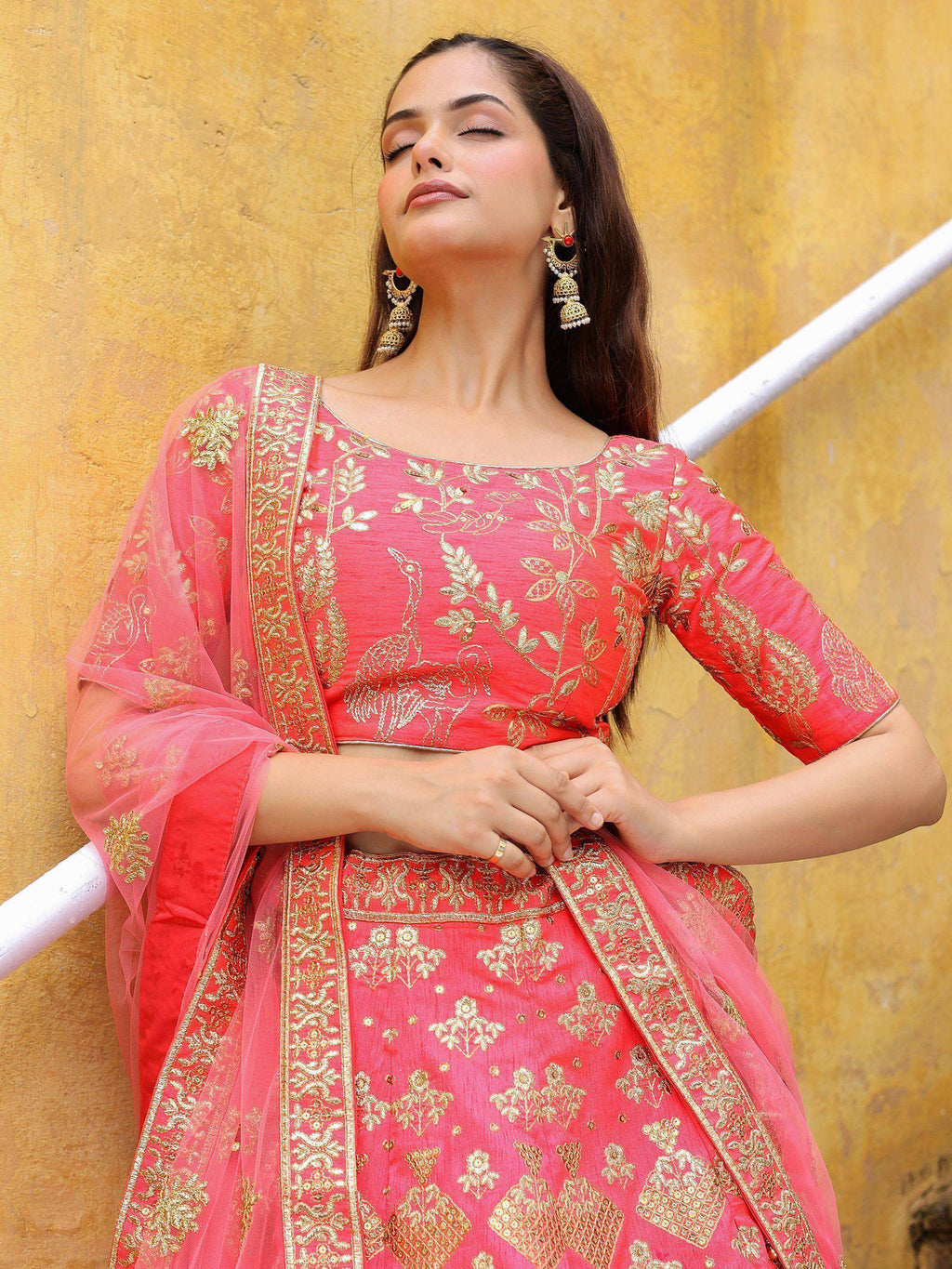 Tulsi Art Alluring Peach Embroidered Silk Reception Lehenga Choli With Dupatta | Grocsy