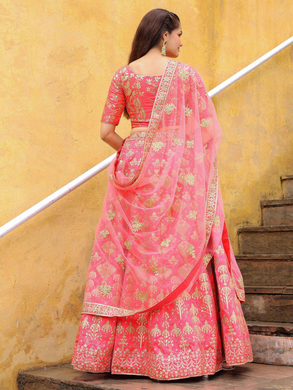 Tulsi Art Alluring Peach Embroidered Silk Reception Lehenga Choli With Dupatta | Grocsy