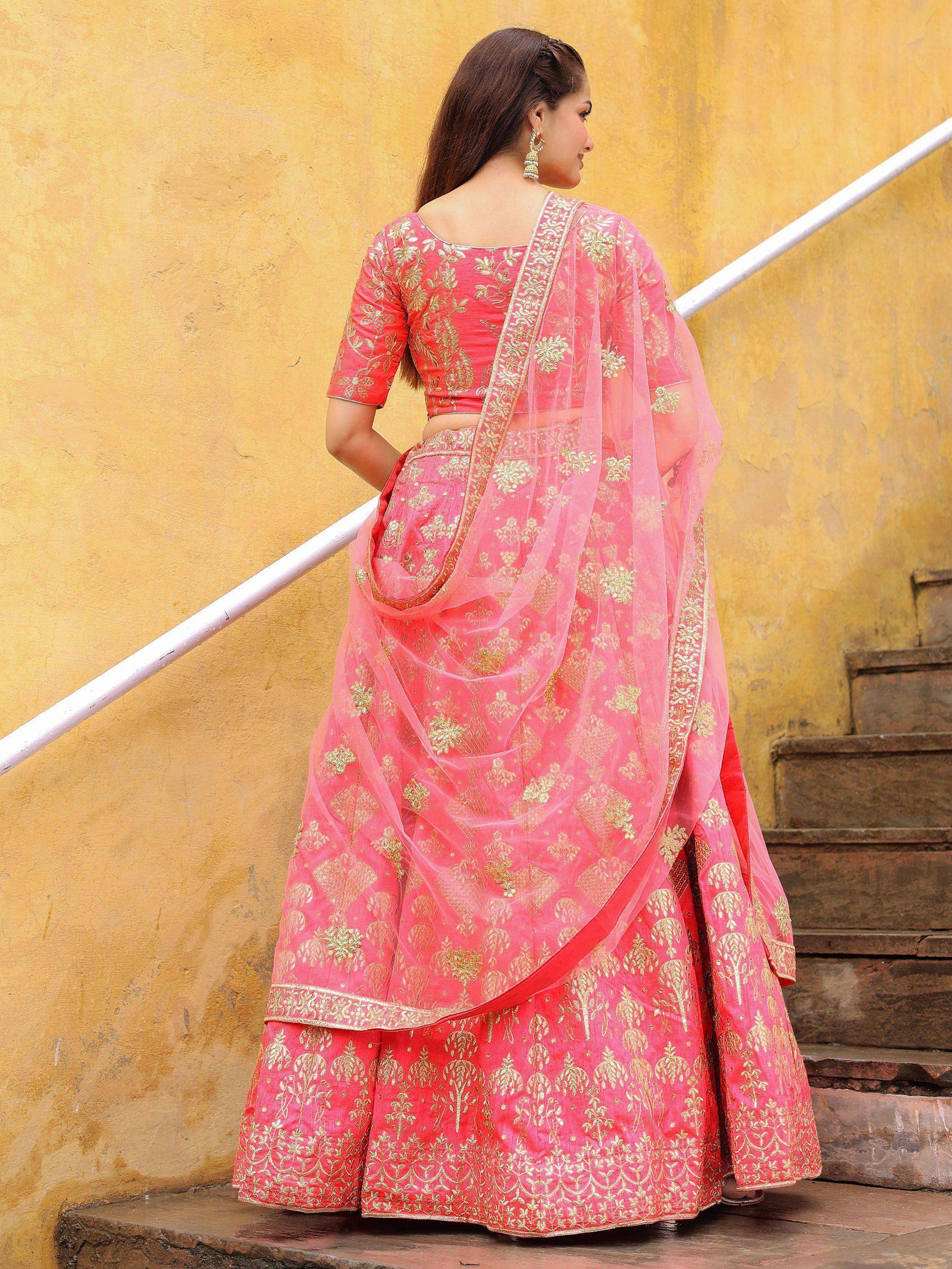 Tulsi Art Alluring Peach Embroidered Silk Reception Lehenga Choli With Dupatta | Grocsy