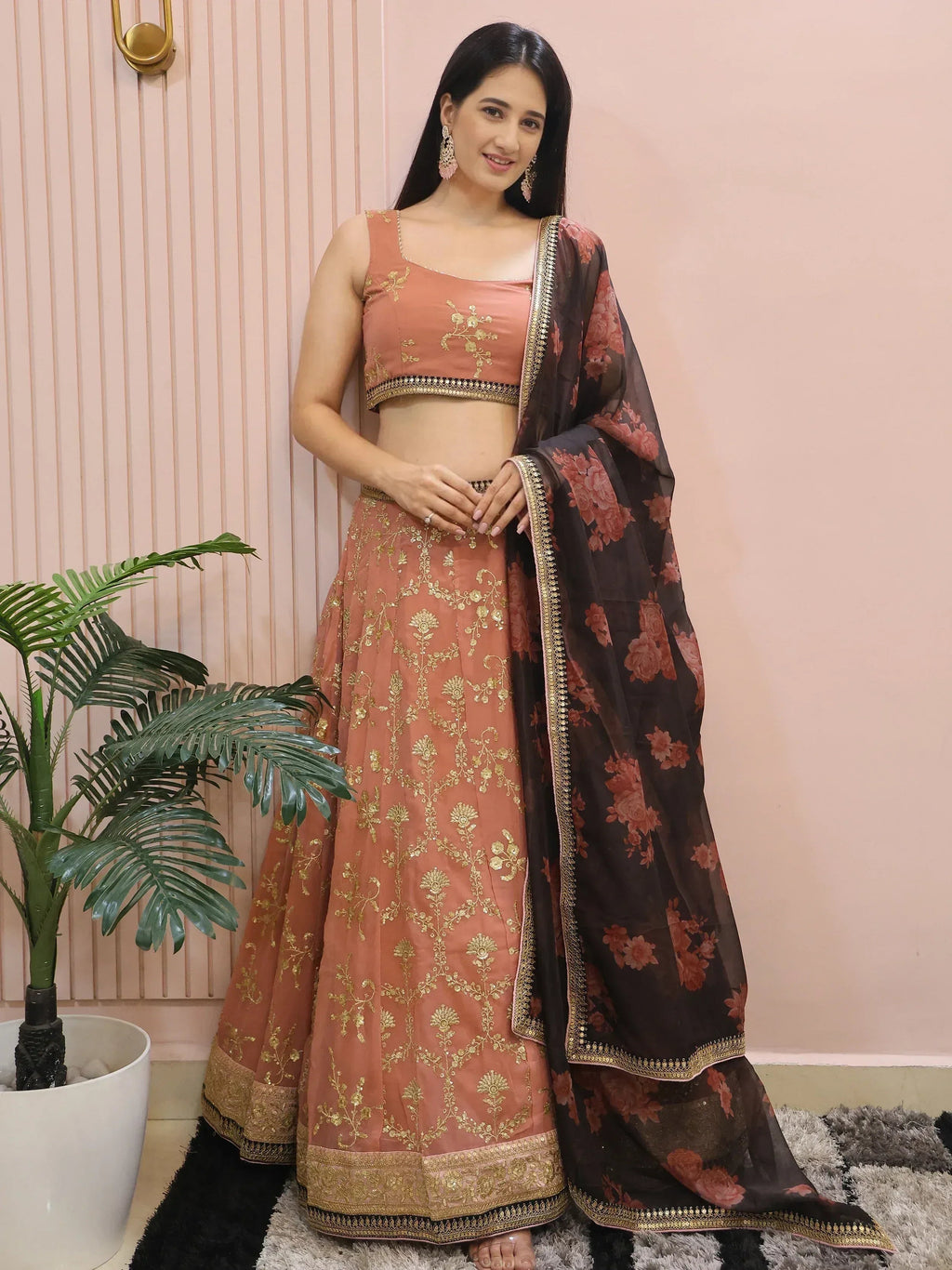 Tulsi Art Alluring Pink Georgette Sequins Event Wear Lehenga Choli | Grocsy