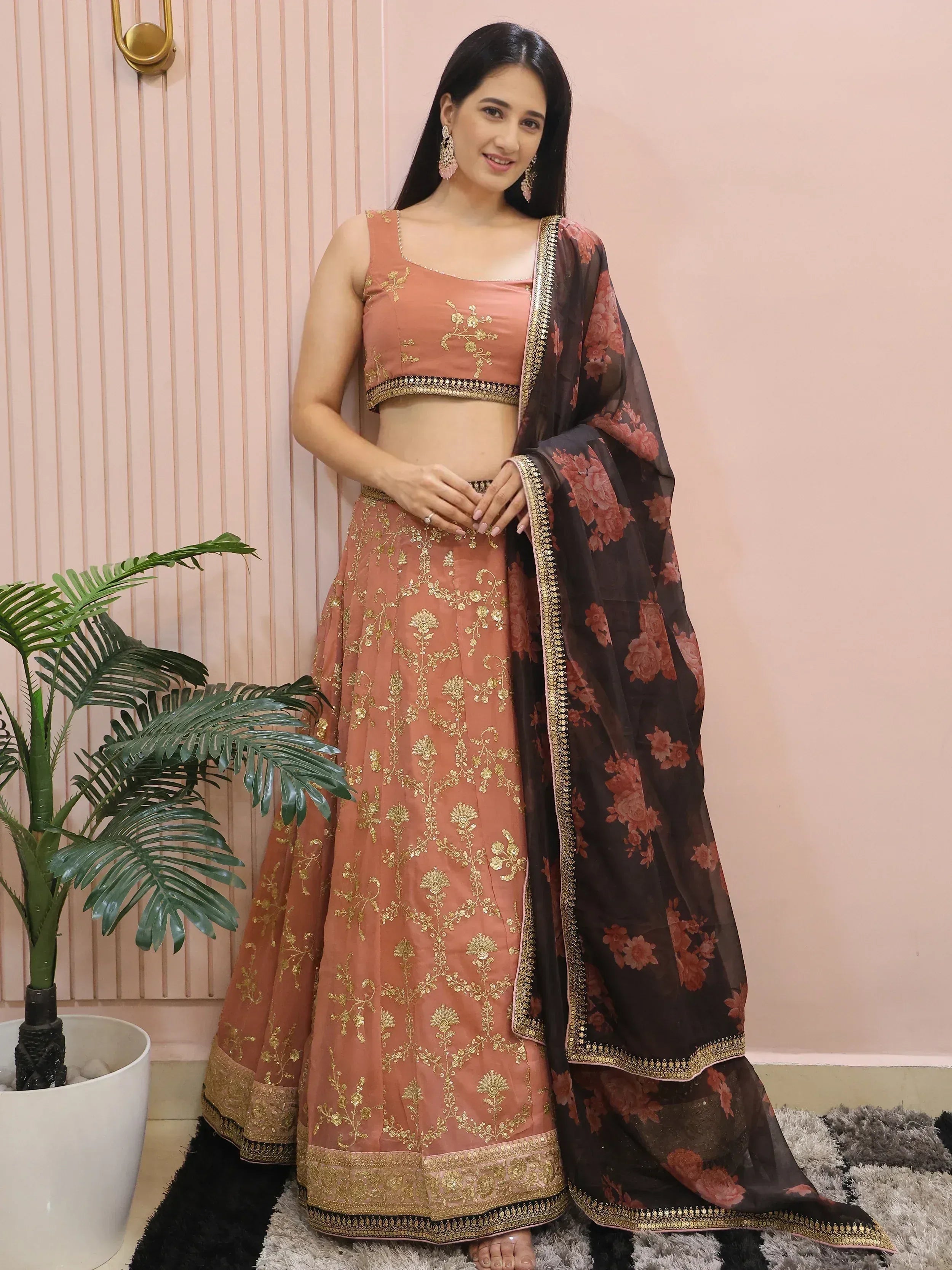 Tulsi Art Alluring Pink Georgette Sequins Event Wear Lehenga Choli | Grocsy
