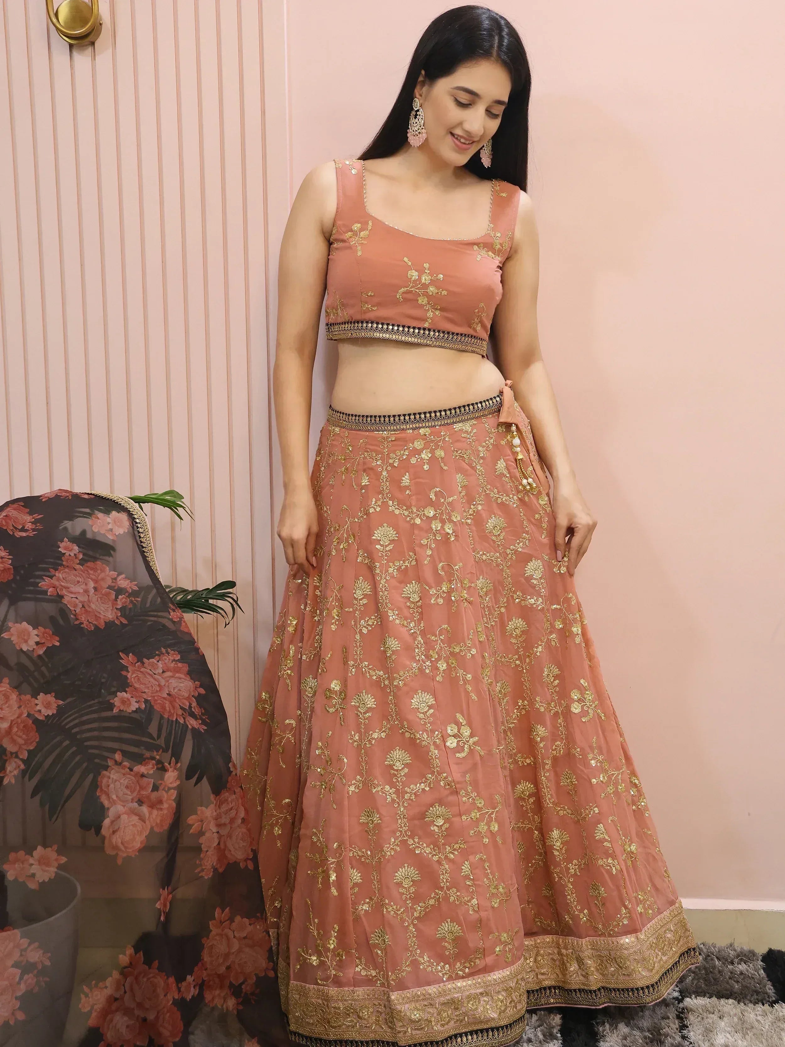 Tulsi Art Alluring Pink Georgette Sequins Event Wear Lehenga Choli | Grocsy