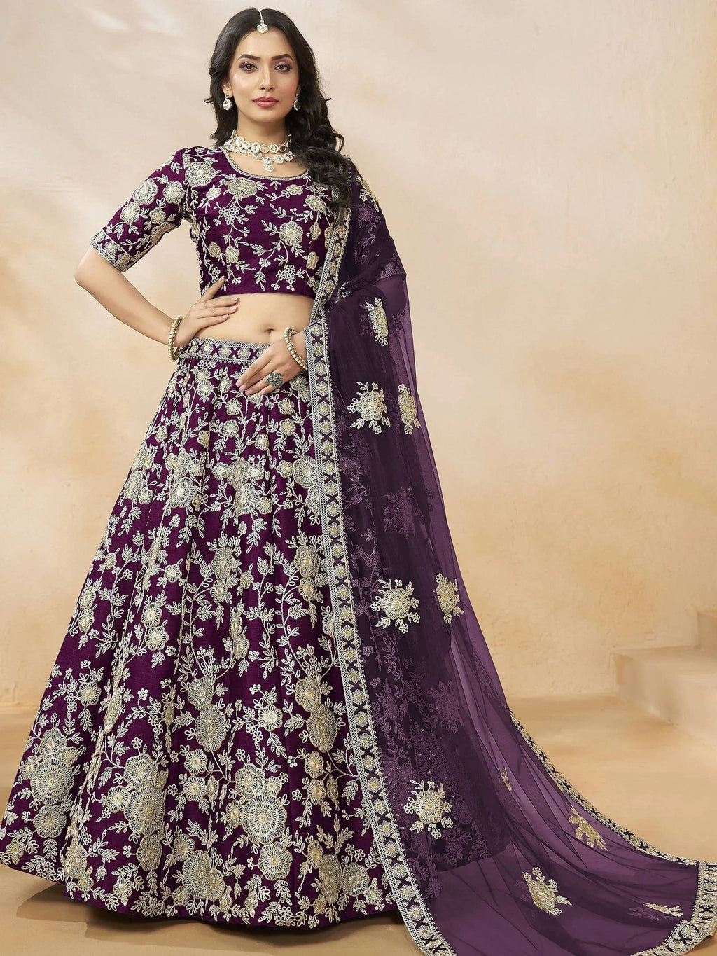 Tulsi Art Alluring Purple Silk Wedding Wear Lehenga Choli With Dupatta | Grocsy