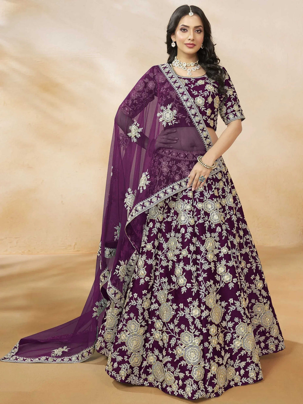 Tulsi Art Alluring Purple Silk Wedding Wear Lehenga Choli With Dupatta | Grocsy