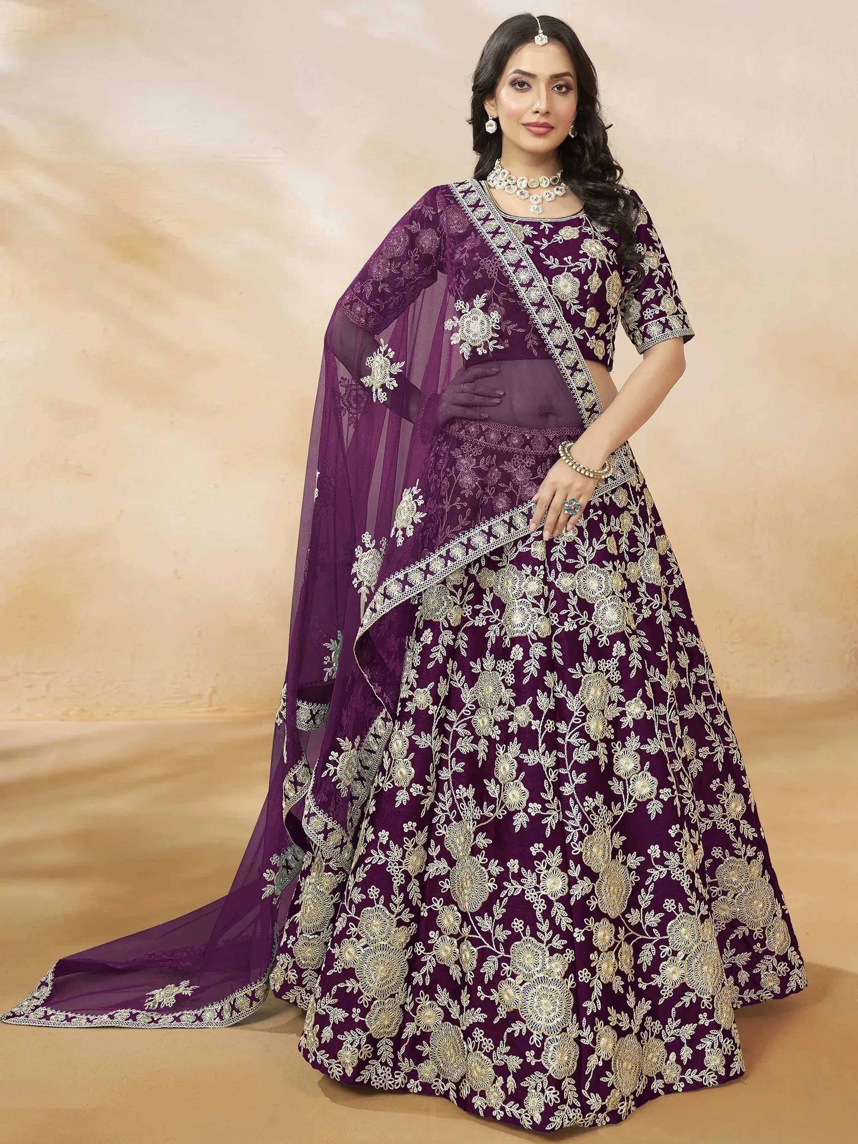 Tulsi Art Alluring Purple Silk Wedding Wear Lehenga Choli With Dupatta | Grocsy