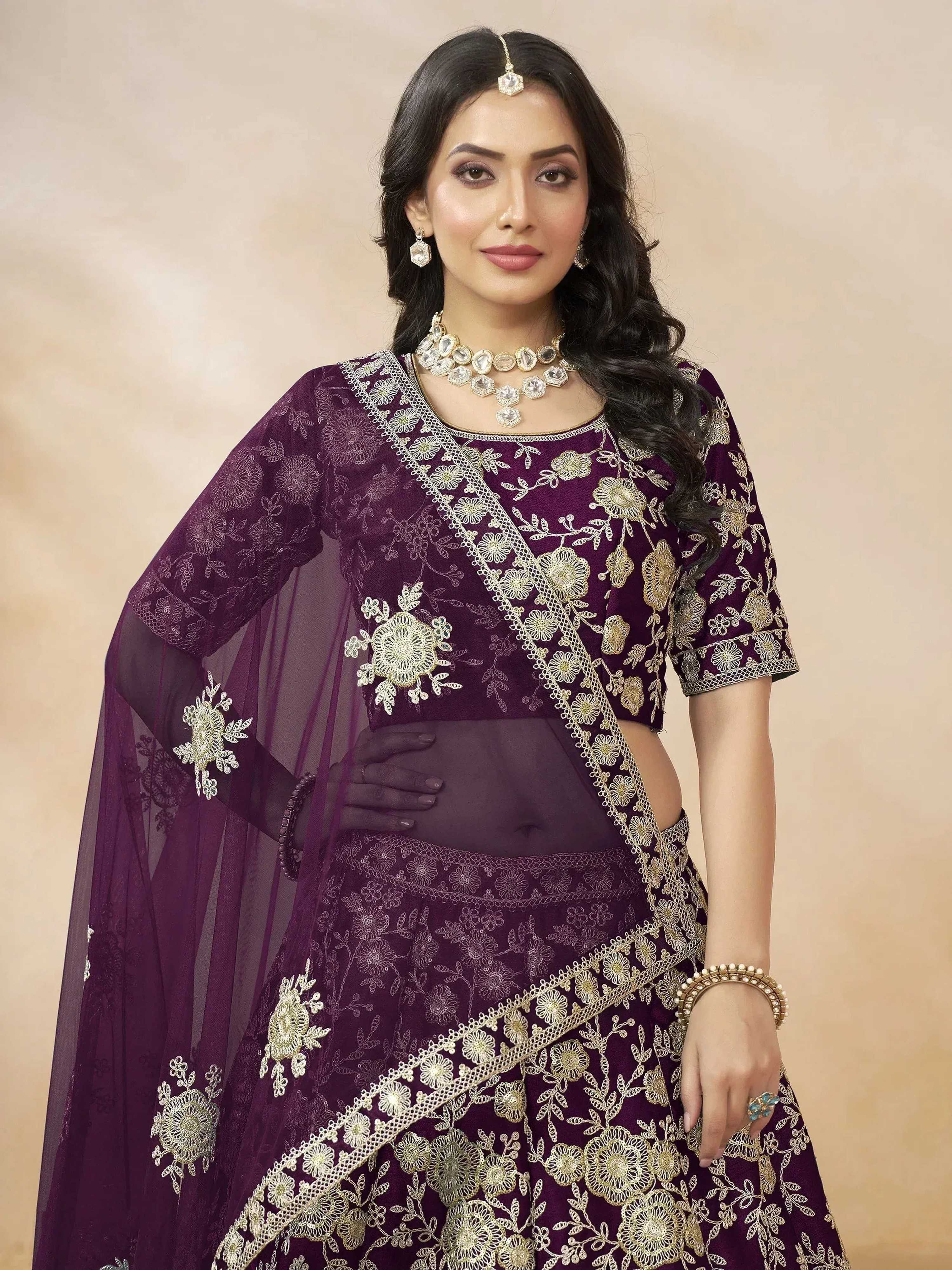 Tulsi Art Alluring Purple Silk Wedding Wear Lehenga Choli With Dupatta | Grocsy