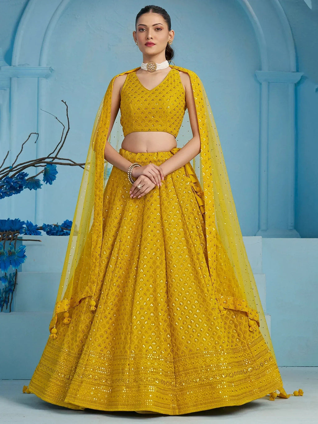 Tulsi Art Alluring Yellow Sequins Work Georgette Haldi Wear Lehenga Choli | Grocsy