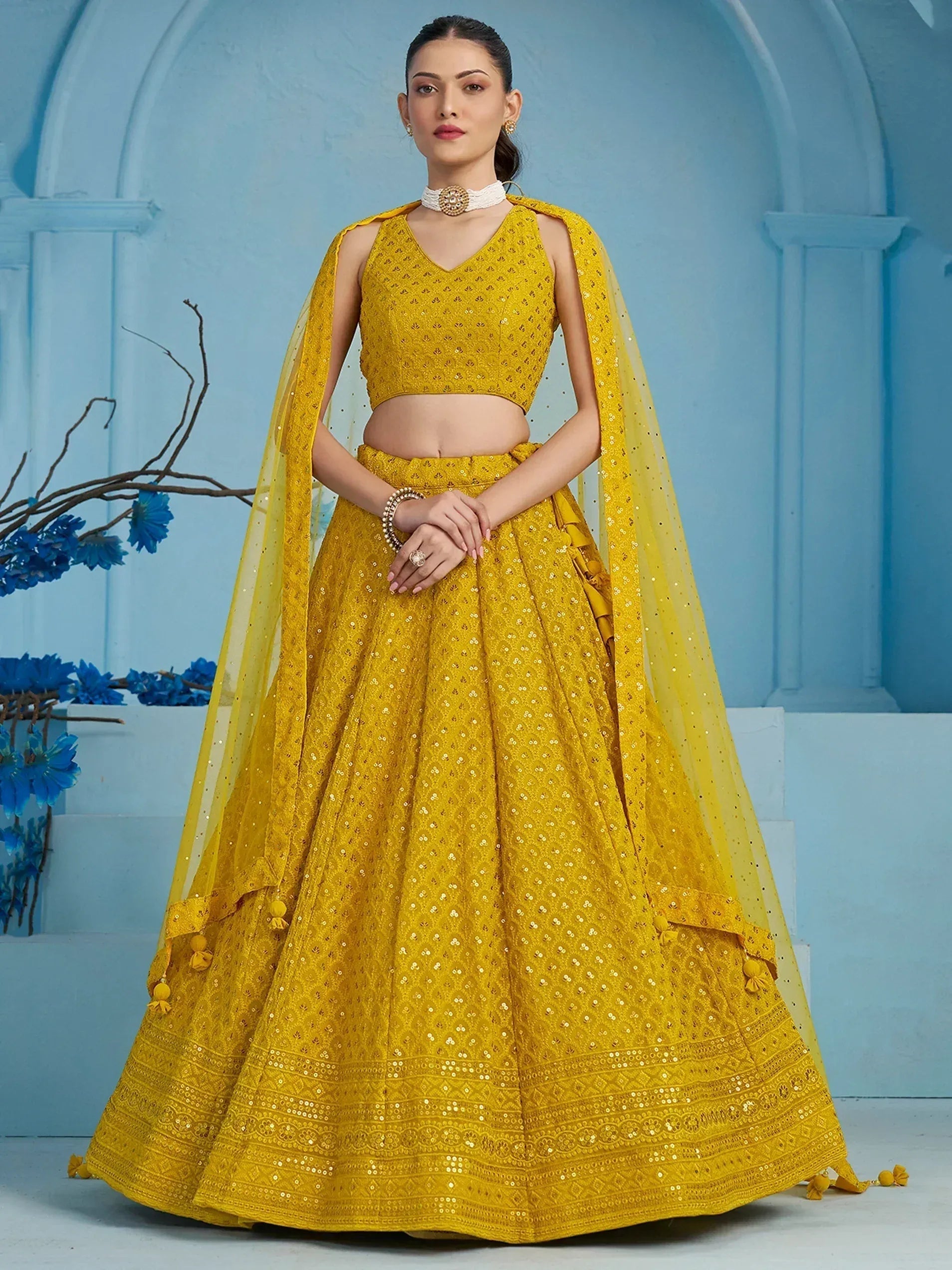 Tulsi Art Alluring Yellow Sequins Work Georgette Haldi Wear Lehenga Choli | Grocsy