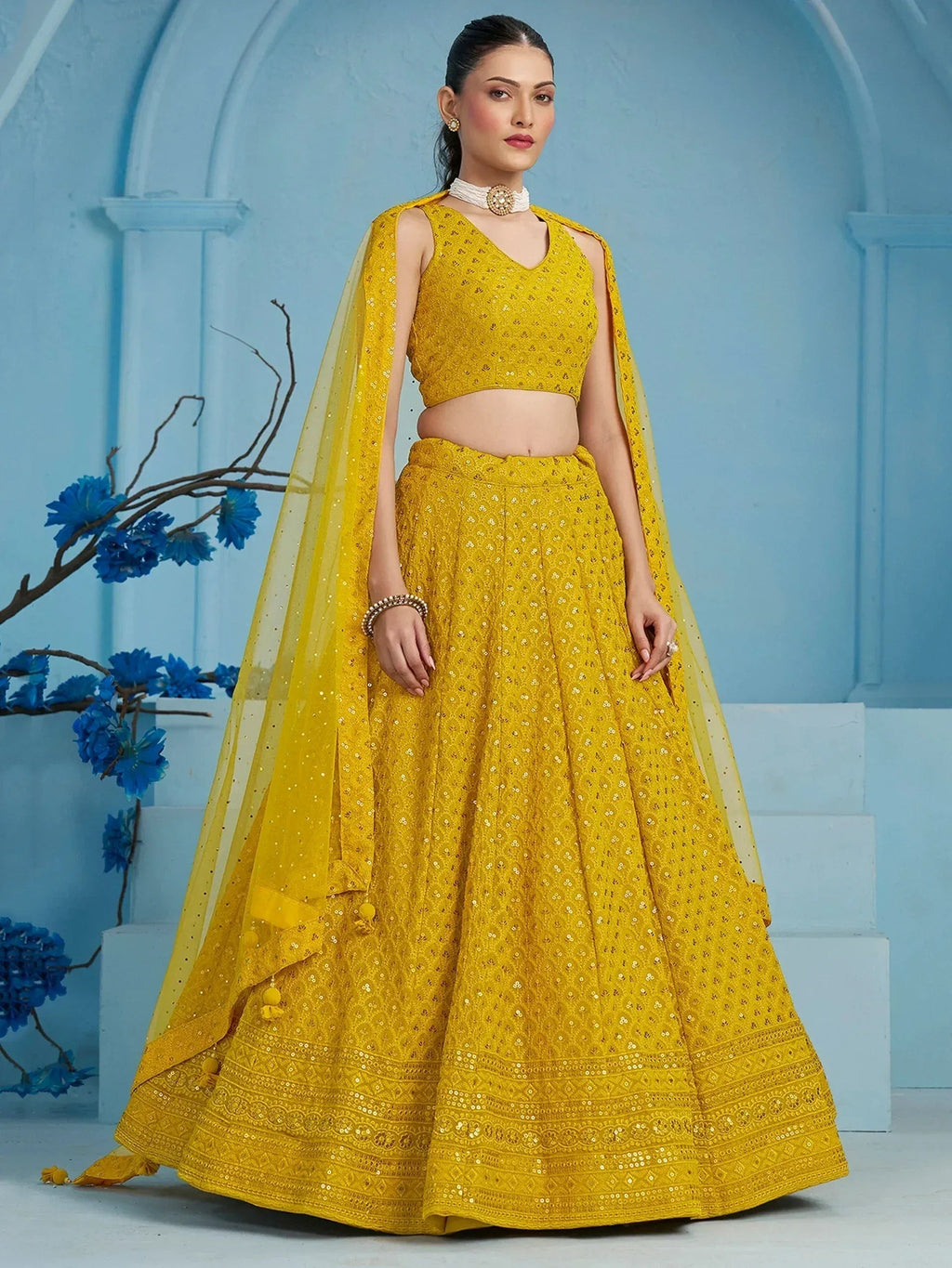 Tulsi Art Alluring Yellow Sequins Work Georgette Haldi Wear Lehenga Choli | Grocsy