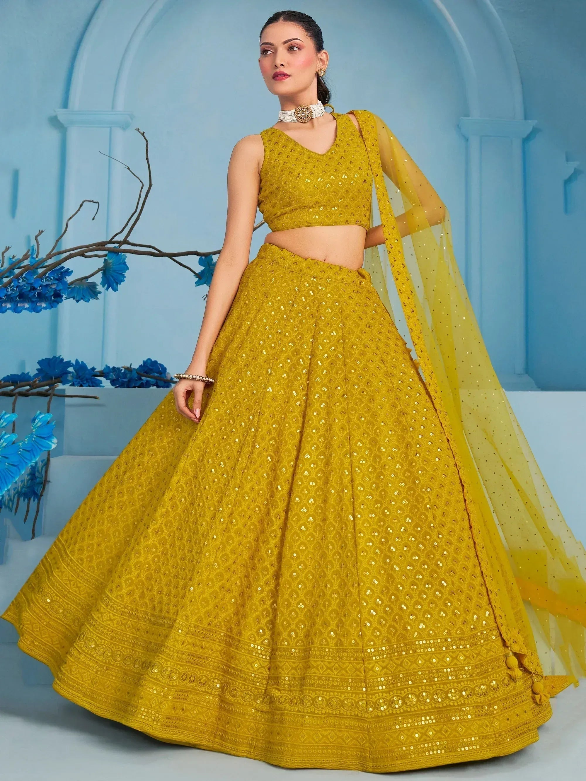 Tulsi Art Alluring Yellow Sequins Work Georgette Haldi Wear Lehenga Choli | Grocsy